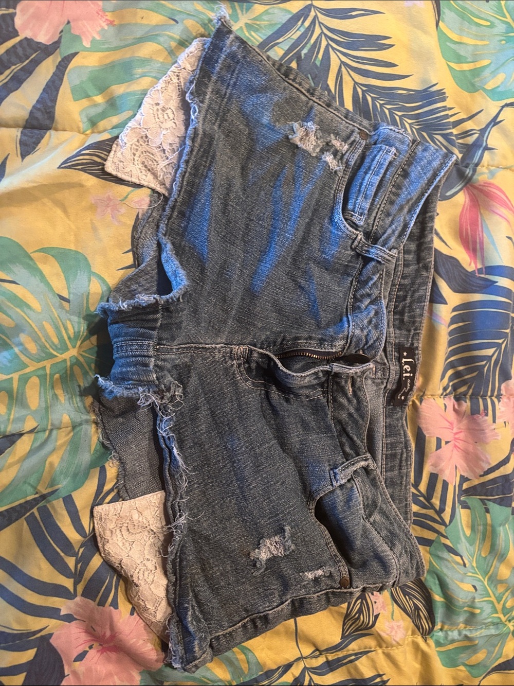 lei Blue Distressed Denim Shorts with Lace Insets